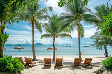 A sun-drenched tropical beach scene with sun loungers under palm trees facing a serene sea
