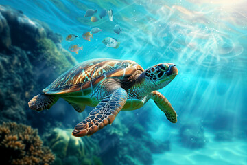 Obraz na płótnie Canvas A colorful sea turtle swimming underwater with sunlight piercing through the ocean surface