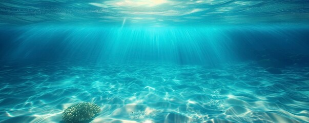 Fototapeta na wymiar Serene underwater scene showcasing beams of sunlight filtering through the ocean's surface