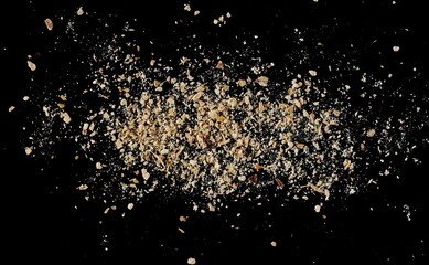 Fototapeta na wymiar Close up shiitake mushroom powder (Sh), pile isolated on black, macro