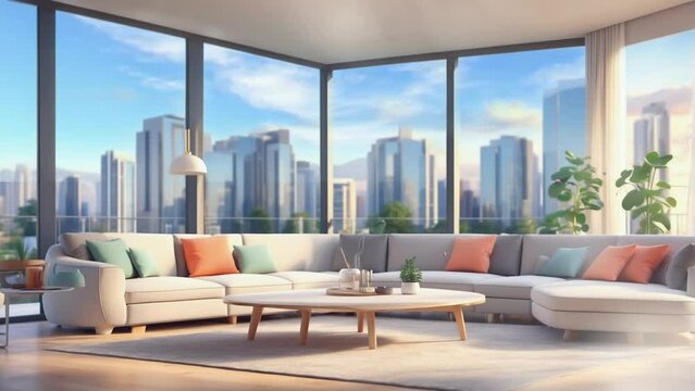 Modern living room interior. Illustration style of cartoon or anime painting. Smooth looping 4K time-lapse video animation backgrounds.