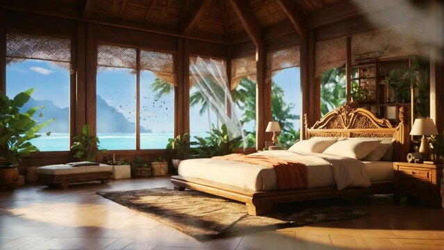 The atmosphere of the bedroom of a traditional house with a beautiful view of the forest on the beach. Illustration style of cartoon or anime painting. Smooth looping 4K time-lapse video animation bac