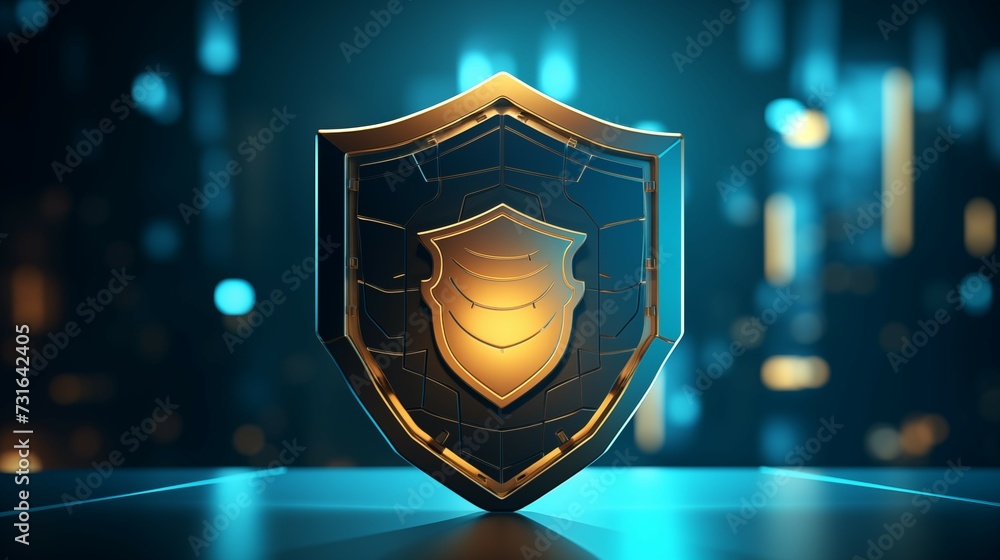 Poster a cyber security concept with a glowing shield surrounded by a glowing light circuit board.