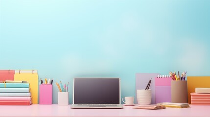 A blank white poster and office supplies on a white desk. 