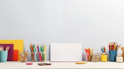 A blank white poster and office supplies on a white desk. 