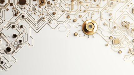 A 3D rendering of a circuit board with gold elements.