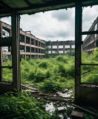A gritty, first-person perspective of an industrial wasteland overtaken by a lush, green overgrowth
