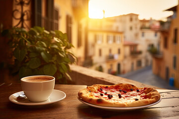 Cup of espresso coffee with slices of pizza with beautiful italian street on the background.