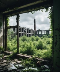 Fototapeta na wymiar A gritty, first-person perspective of an industrial wasteland overtaken by a lush, green overgrowth