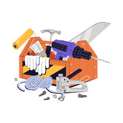 Construction toolkit for repair house. Builder tools: drill, hammer, saw. Wooden toolbox with instruments for renovation. Repairman equipment box. Flat isolated vector illustration on white background