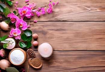 Spa and wellness setting with orchid flowers, candles and salt on wooden background