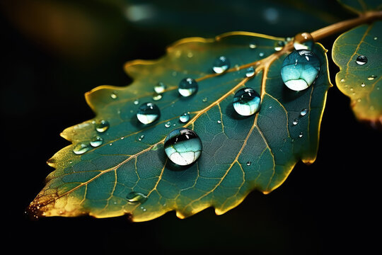 water droplets on a leaf shot by ali plk, in the style of dark teal and dark gold, peder mork monsted, dreamy symbolism, visually poetic,realism with fantasy elements
