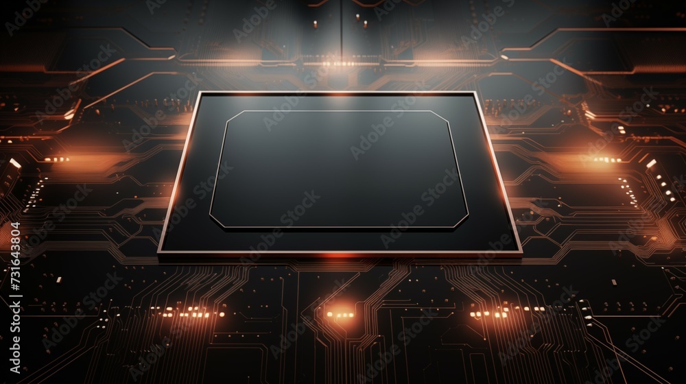 Poster A 3D rendering of a circuit board with multiple metallic pathways and components. 