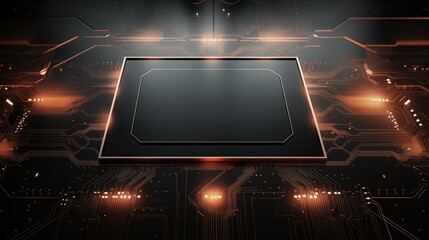 A 3D rendering of a circuit board with multiple metallic pathways and components. 