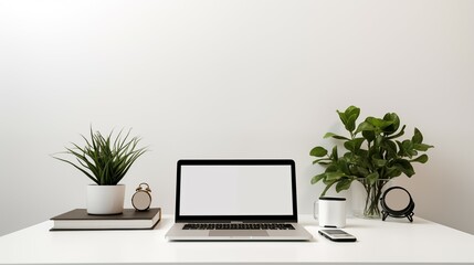 A blank screen on laptop computer on a white desk.