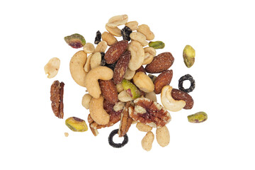 Top view of a handful of salted assorted nuts isolated on a cutout PNG transparent background
