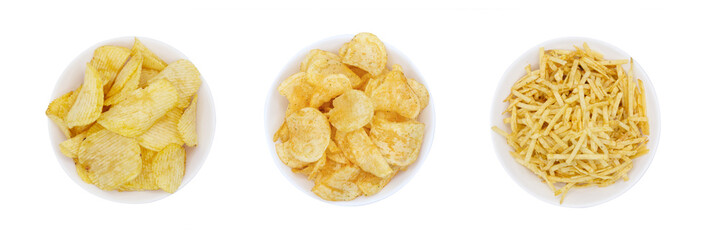 Assortment of potato chips in three bowls in a row isolated on a cutout PNG transparent background