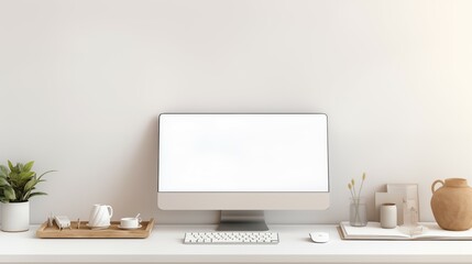 A blank screen on desktop computer on a white desk.