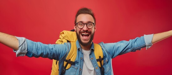 A man wearing glasses and a backpack stands with outstretched arms on a red background, smiling with joy.