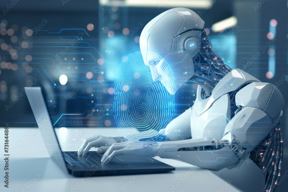 Poster modern ai robot working on cyber security, futuristic digital security technology, artificial intell