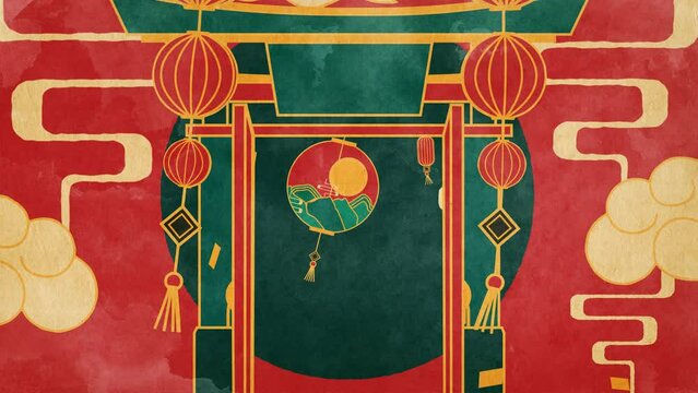 2d Rendered Animated Illustration Of Chinese New Year With Dangling Lamps Themed In Red.