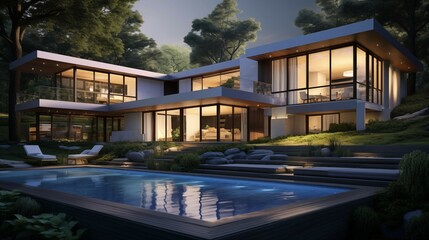 Fototapeta premium A large modern house with a large pool in the backyard.