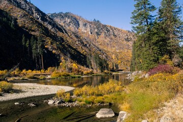 Beautiful autumn mountain river landscape. Wenatchee River in Washington, USA