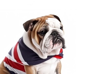 Fototapeta premium English bulldog dog wearing union jack flag isolated on white background. English language school or university concept. Copy space.