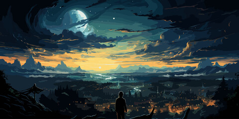 man standing on a hill looking at the stars in the sky at dusk, digital art style, illustration painting