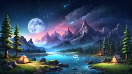 Beautiful night panorama with camp, lake and mountain, Seamless Animation Video Background in 4K Resolution	