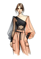 Fashion sketch, fashion design designed by an AI. Outfit contains current fashion themes like transparency, belly baring, high waist and the color peach fuzz. 