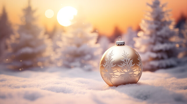 silver christmas ball, snowy tree, fir tree, in the style of soft color blending, Landscape image 
