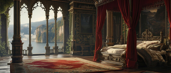 Craft a highland castle-inspired luxury bedroom with a grand four-poster bed, rich tapestries, and...