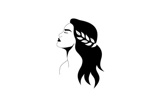 Monochrome silhouette of young woman with leaves wreath in her hair. Side view portrait of girl for print and logos designs. Vector illustration in line simple style