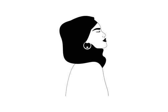 Black and white silhouette of arabian woman in hijab. Side view portrait of girl for print and logos designs. Vector illustration in line simple style