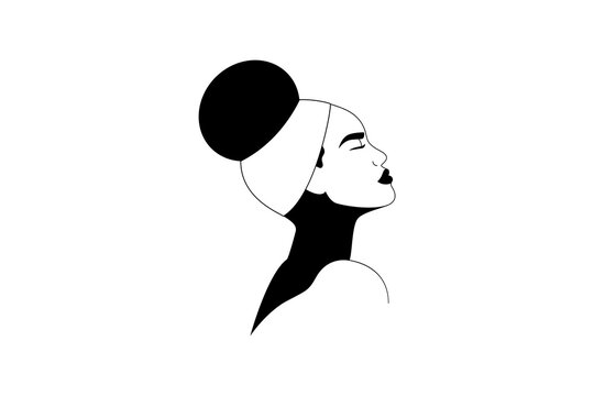 Black and white silhouette of young woman with afro style hair. Side view portrait of girl for print and logos designs. Vector illustration in line simple style
