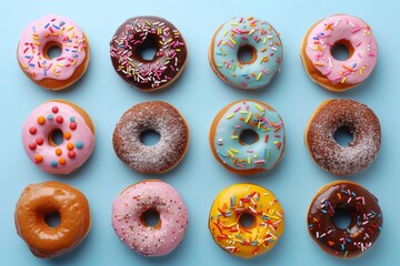 A collection of assorted doughnuts neatly arranged against a pale blue background