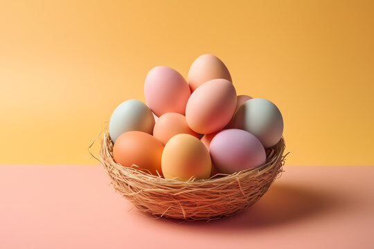 Easter eggs in a classic basket, ideal for festive, joyful designs.
