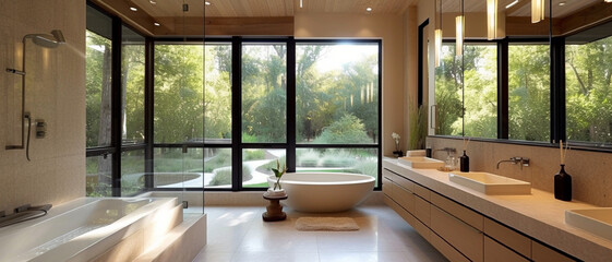 Fototapeta premium Modern large bathroom with big windows