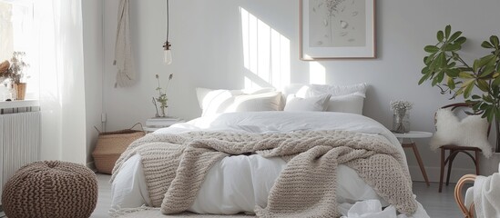 Scandinavian bedroom with white interior, adorned with a merino wool plaid, a chunky knitted blanket, and no one.