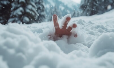 Creepy photo of a hand reaching out from the snow as a result of avalanche in the mountains