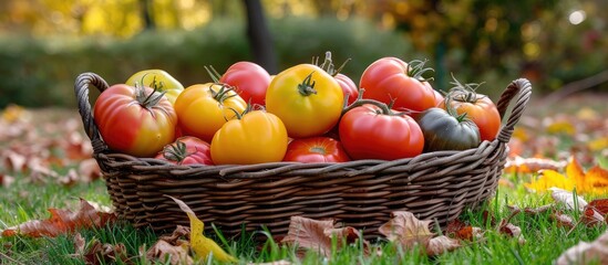 Various tomatoes, of different sizes and colors, in a wicker basket on a green lawn with fallen leaves and trees in the background.