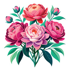 Women's day bouquet of peonies in the glamour style, golden glitter watercolor illustration on white background