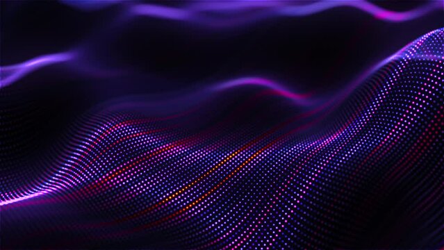 Glowing dotted lines on the surface of waves. Abstract concept of artificial intelligence (AI), sound waves or big data analysis. 4K looped video of 3D flowing vibrant soundwaves on black background