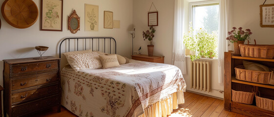 Fototapeta na wymiar Warm bedroom with marple bed and chest. Decorated with wicker baskets and wall pictures