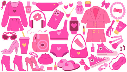 Set of pink accessories and clothing Barbie. Pink trendy set, pink doll aesthetic accessories and clothing. Vector illustration. A collection of accessories and clothing