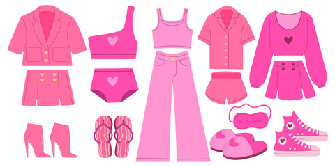 Set of pink clothing. Pink trendy set, pink doll aesthetic clothing. Vector illustration. A 