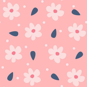 Cute hand drawn seamless vector pattern background illustration with light pink daisy flowers and blue leaves