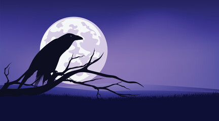black raven bird, bare tree branches and rising full moon background - halloween night theme vector copy space backdrop design