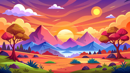 Cartoon nature seamless horizontal landscape with a beautiful evening or morning sunset sky and clouds. Vector illustration